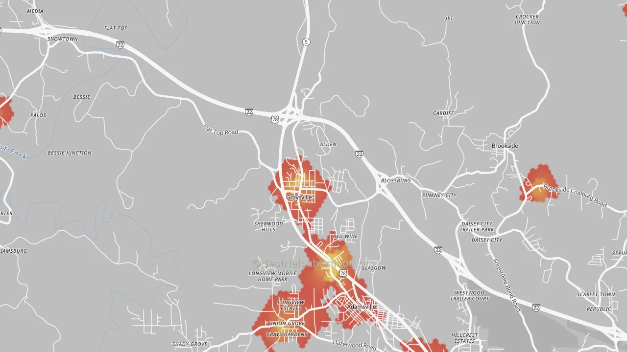 Walk Grade map of Graysville, AL, walkable areas in green and car-dependent areas in red