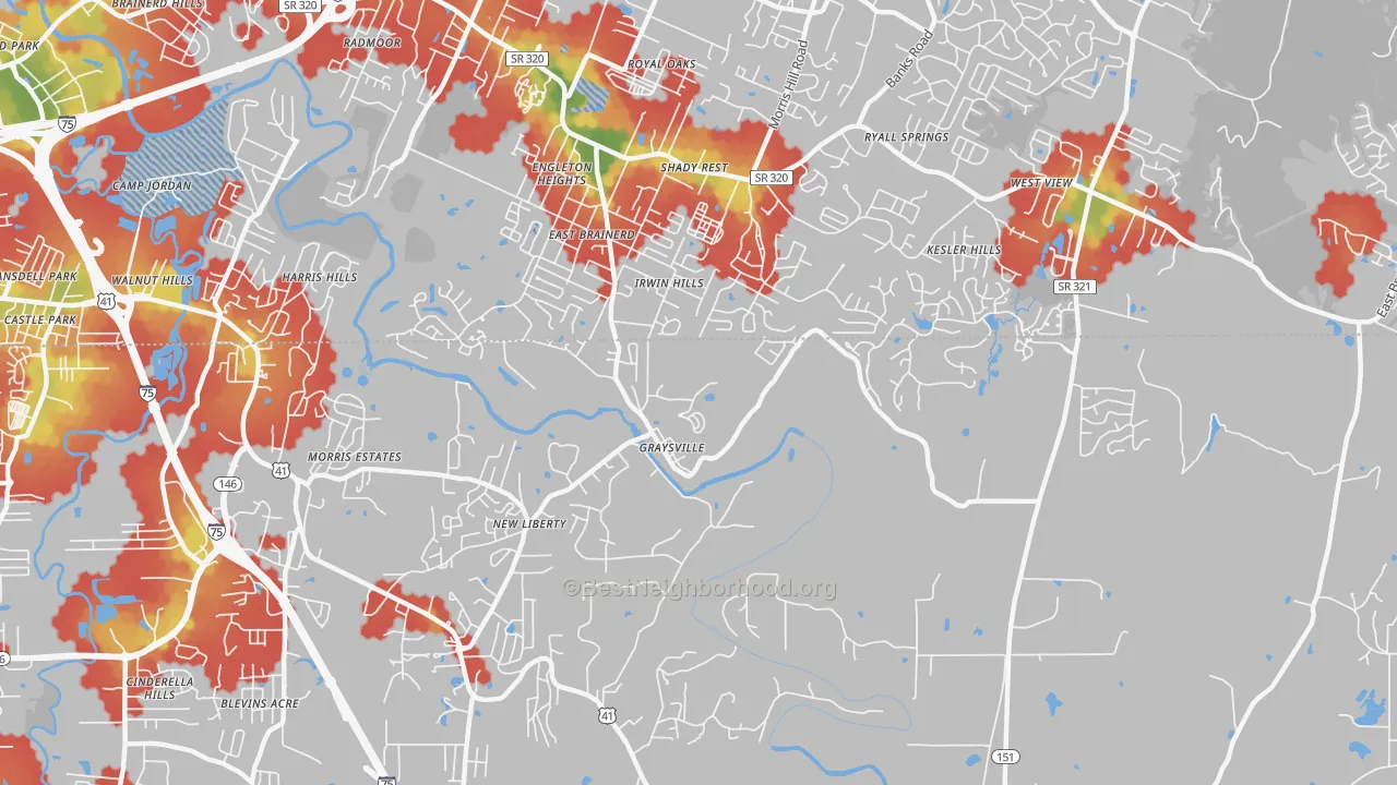 Walk Grade map of Graysville, GA, walkable areas in green and car-dependent areas in red