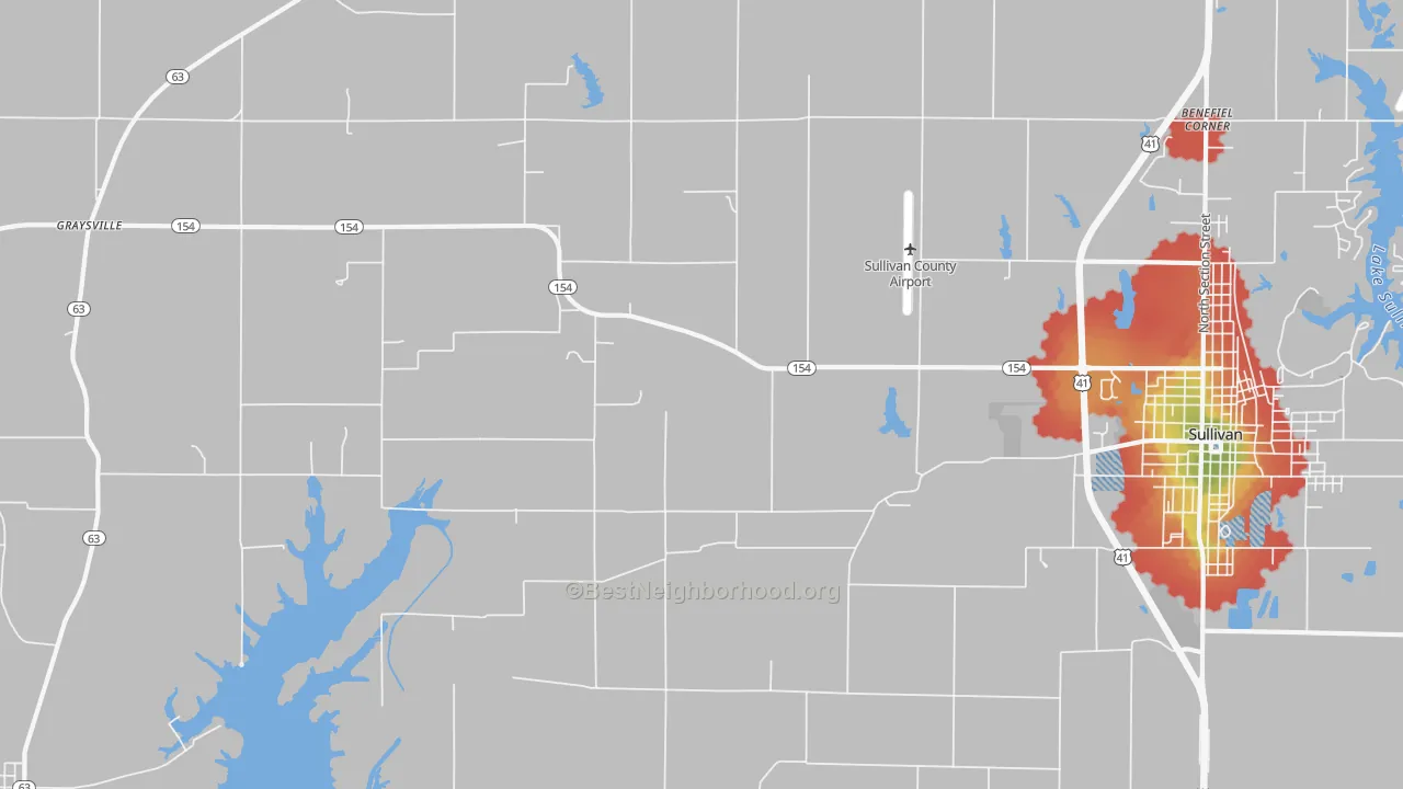 Walk Grade map of Graysville, IN, walkable areas in green and car-dependent areas in red
