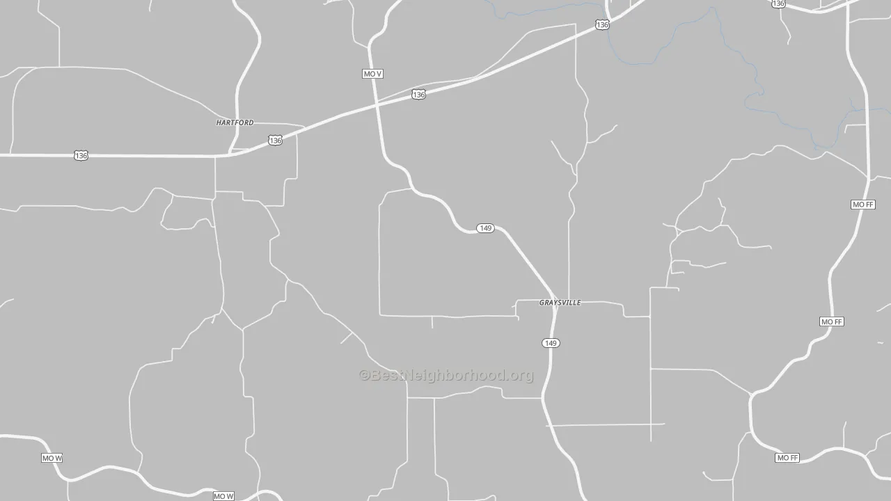 Walk Grade map of Graysville, MO, walkable areas in green and car-dependent areas in red