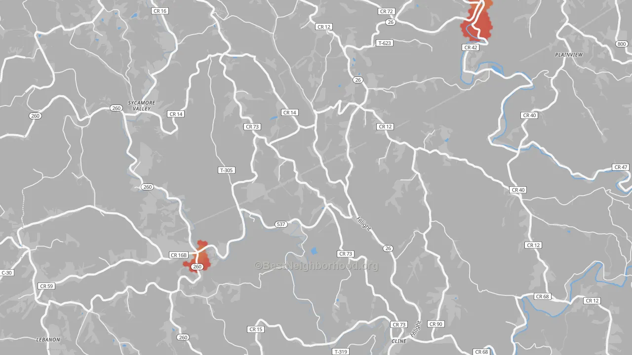 Walk Grade map of Graysville, OH, walkable areas in green and car-dependent areas in red