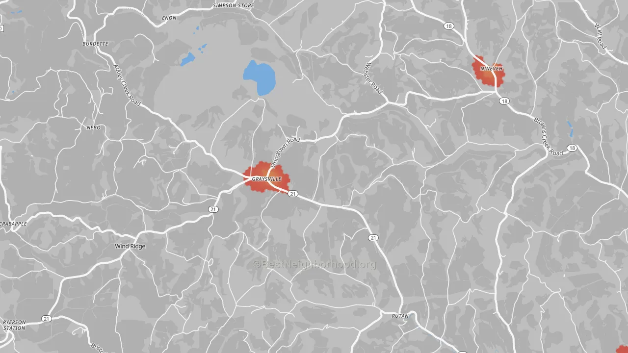 Walk Grade map of Graysville, PA, walkable areas in green and car-dependent areas in red
