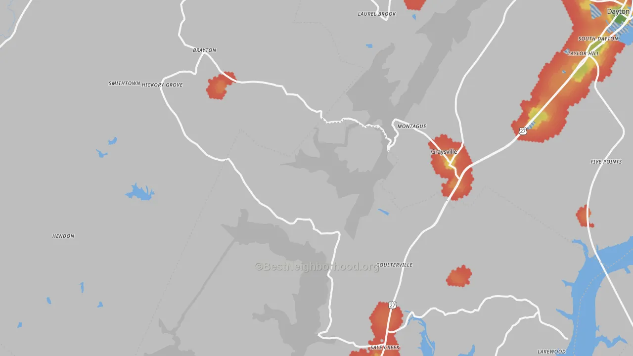Walk Grade map of Graysville, TN, walkable areas in green and car-dependent areas in red