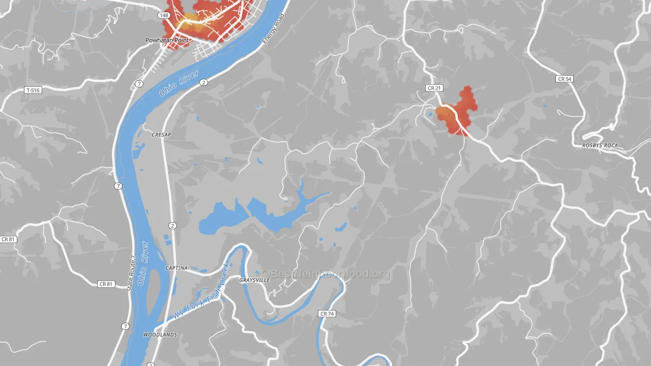 Walk Grade map of Graysville, WV, walkable areas in green and car-dependent areas in red