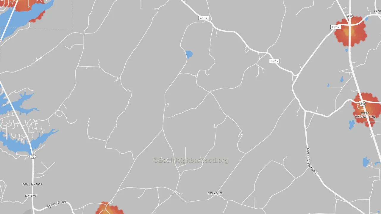 Walk Grade map of Grayton, AL, walkable areas in green and car-dependent areas in red