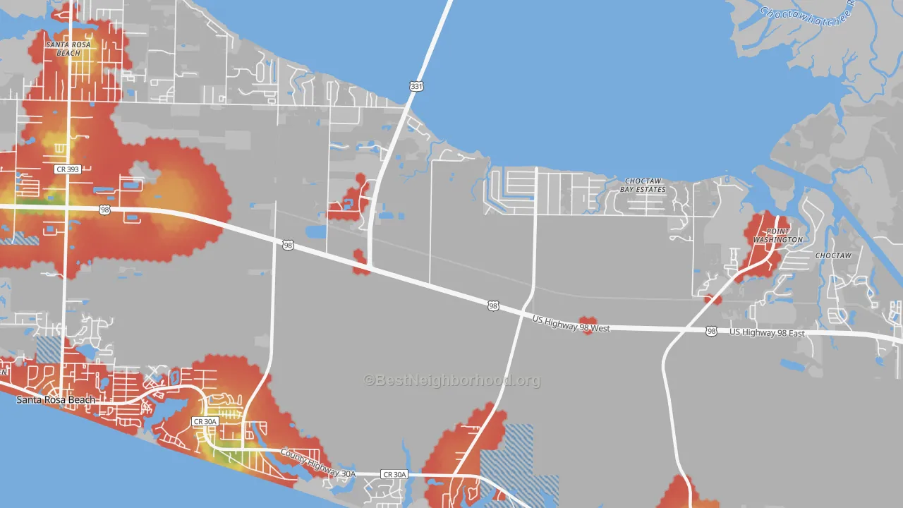 Walk Grade map of Grayton Beach, FL, walkable areas in green and car-dependent areas in red