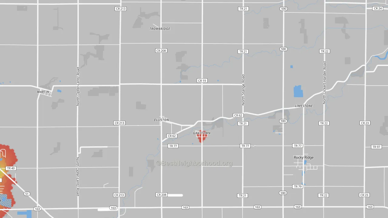 Walk Grade map of Graytown, OH, walkable areas in green and car-dependent areas in red