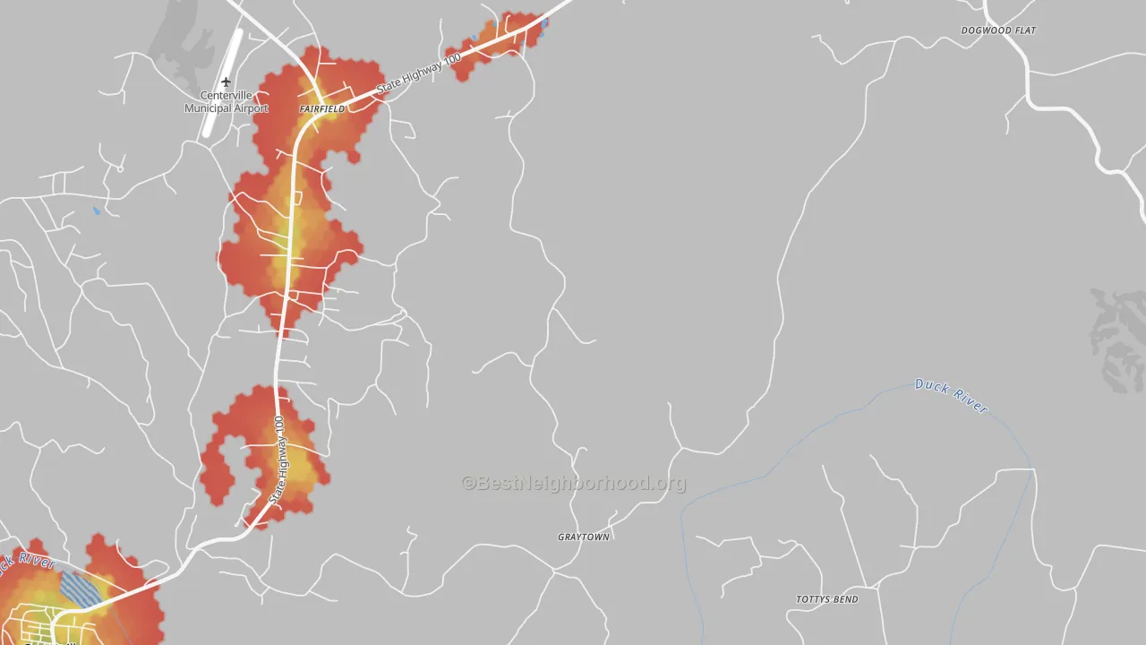 Walk Grade map of Graytown, TN, walkable areas in green and car-dependent areas in red