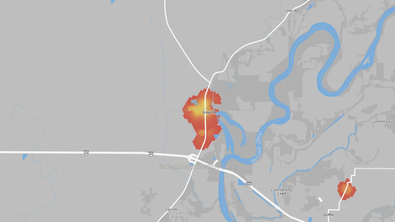 Walk Grade map of Grayville, IL, walkable areas in green and car-dependent areas in red