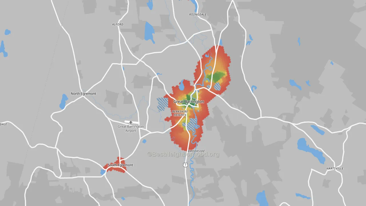 Walk Grade map of Great Barrington, MA, walkable areas in green and car-dependent areas in red