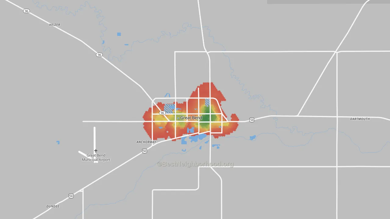Walk Grade map of Great Bend, KS, walkable areas in green and car-dependent areas in red