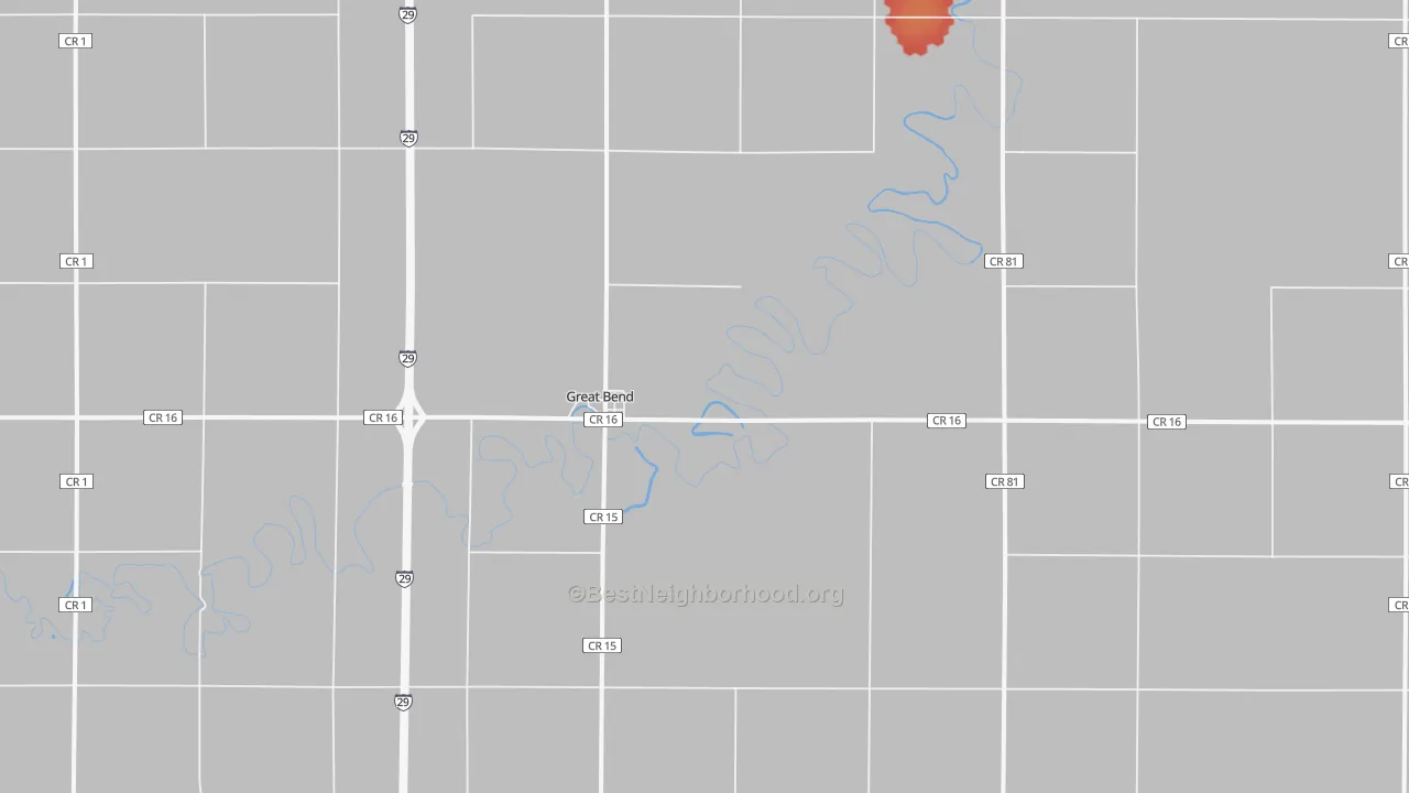 Walk Grade map of Great Bend, ND, walkable areas in green and car-dependent areas in red