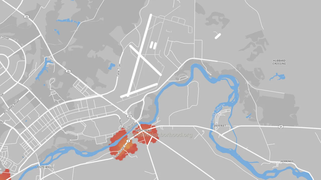 Walk Grade map of Great Bend, NY, walkable areas in green and car-dependent areas in red