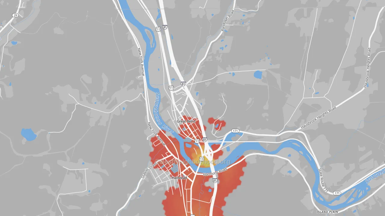 Walk Grade map of Great Bend, PA, walkable areas in green and car-dependent areas in red