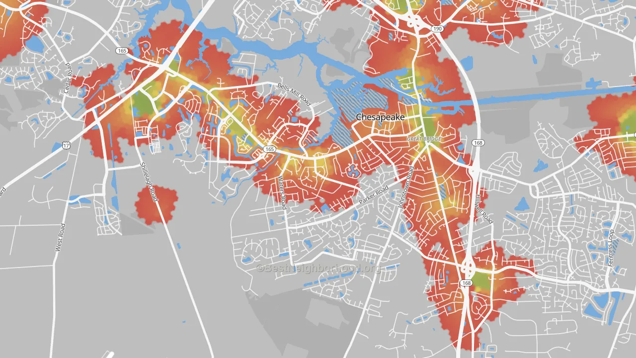 Walk Grade map of Great Bridge, Chesapeake, VA, walkable areas in green and car-dependent areas in red