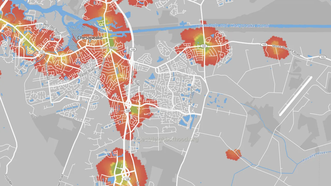 Walk Grade map of Great Bridge East, Chesapeake, VA, walkable areas in green and car-dependent areas in red