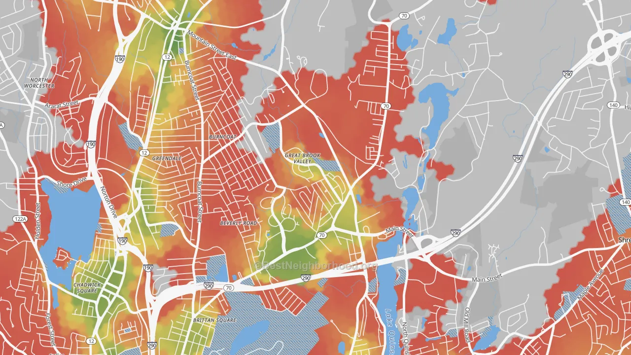 Walk Grade map of Great Brook Valley, Worcester, MA, walkable areas in green and car-dependent areas in red