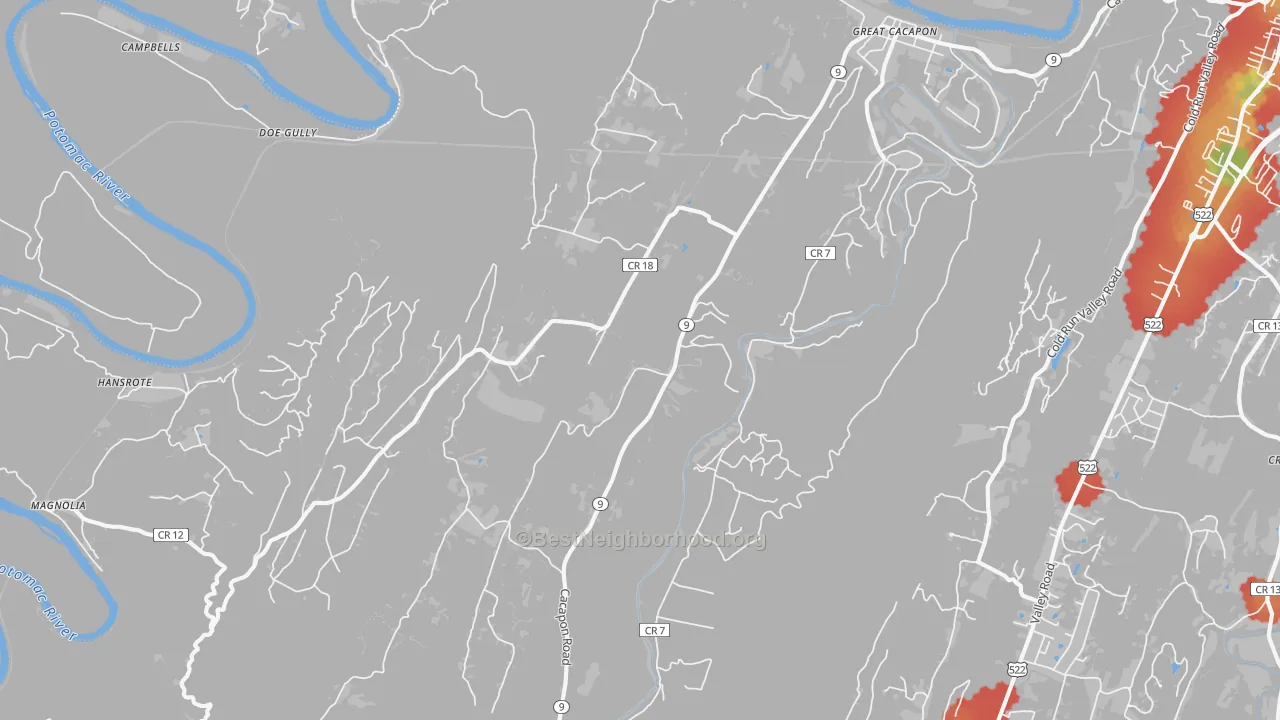 Walk Grade map of Great Cacapon, WV, walkable areas in green and car-dependent areas in red
