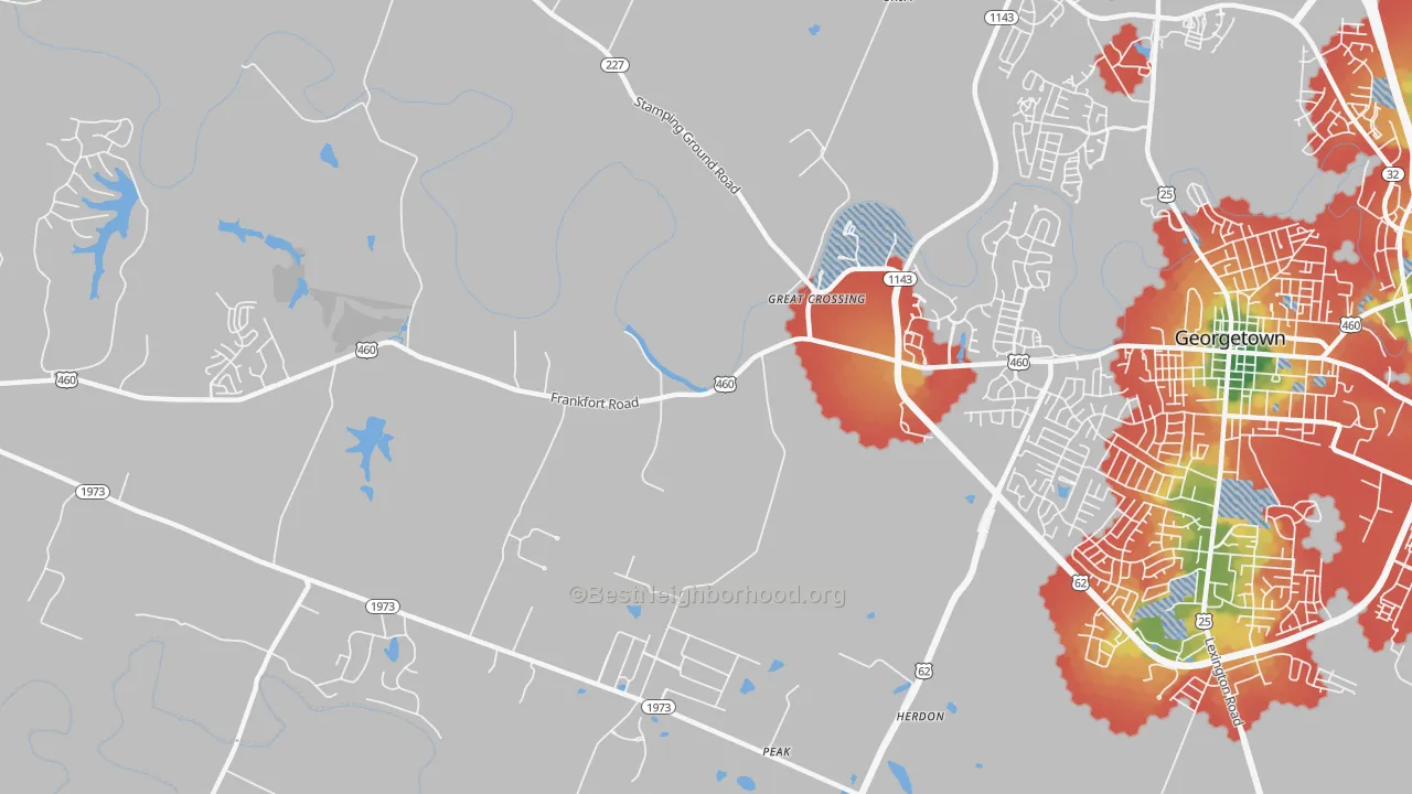 Walk Grade map of Great Crossing, KY, walkable areas in green and car-dependent areas in red