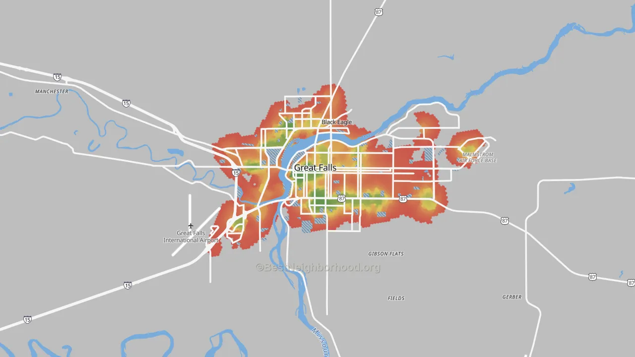 Walk Grade map of Great Falls, MT, walkable areas in green and car-dependent areas in red