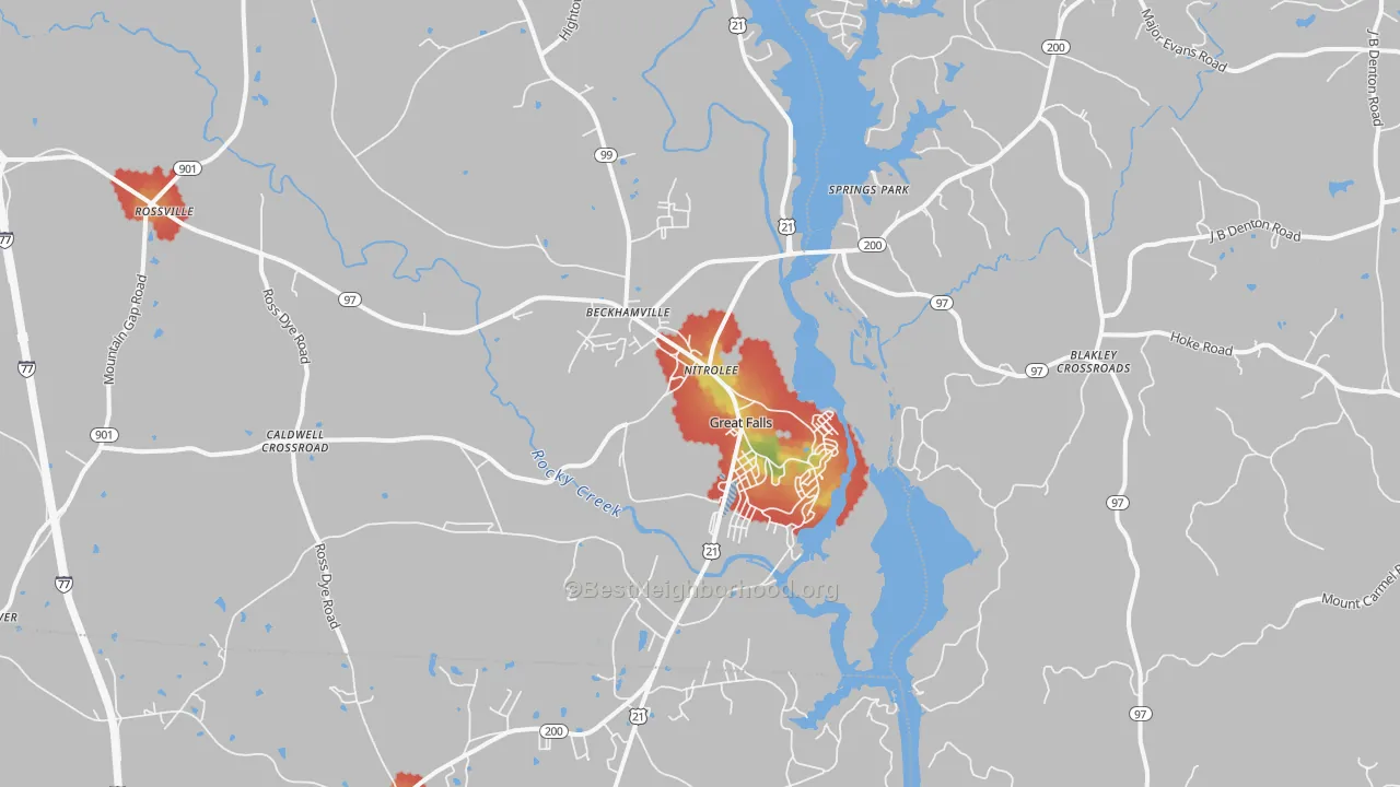 Walk Grade map of Great Falls, SC, walkable areas in green and car-dependent areas in red