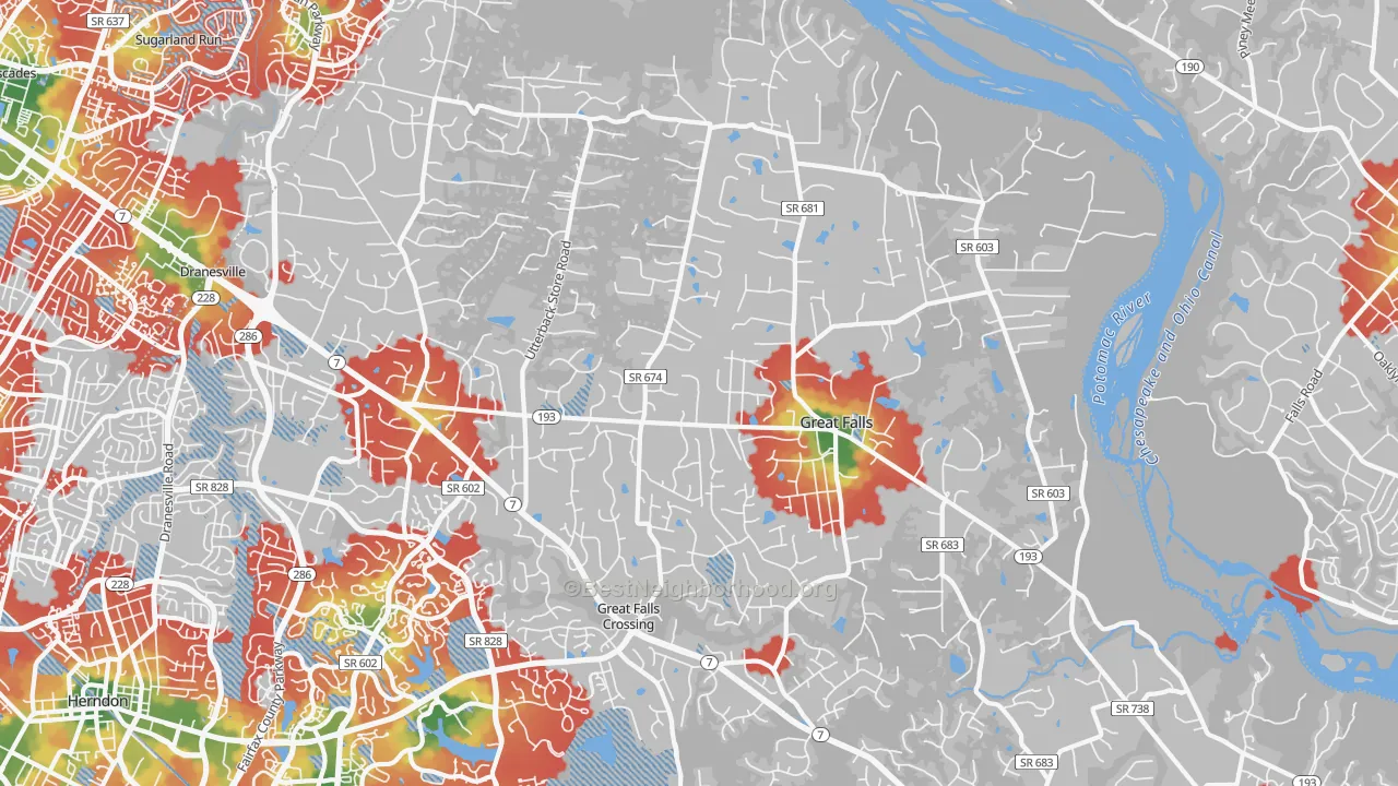 Walk Grade map of Great Falls, VA, walkable areas in green and car-dependent areas in red