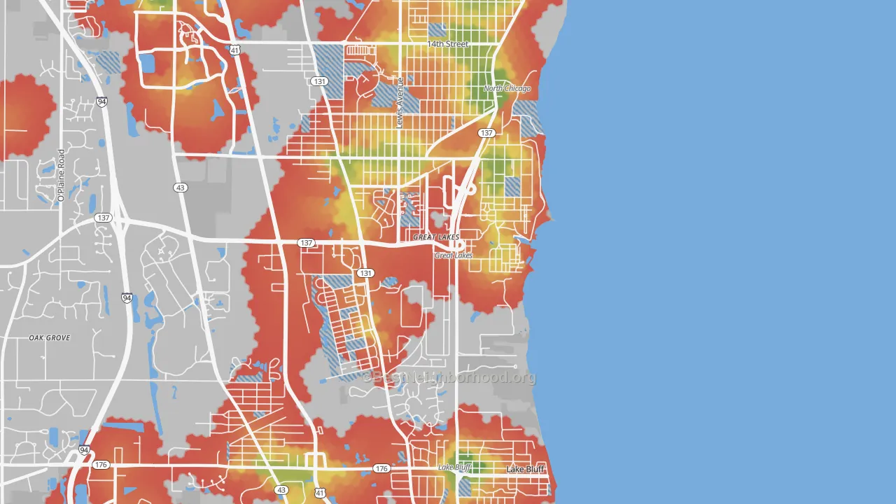 Walk Grade map of Great Lakes, IL, walkable areas in green and car-dependent areas in red