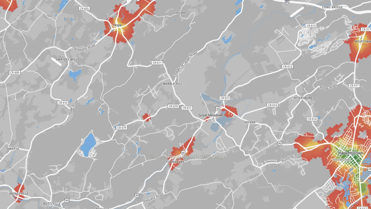 Walk Grade map of Great Meadows, NJ, walkable areas in green and car-dependent areas in red