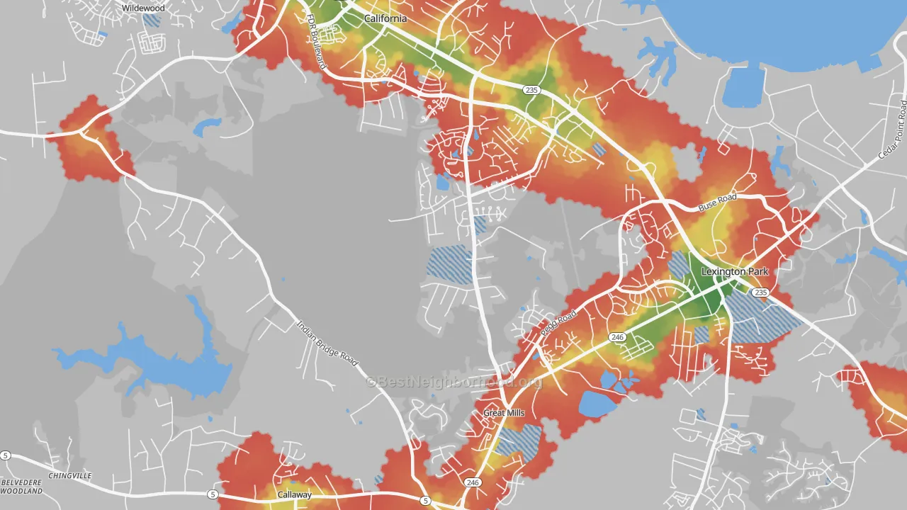 Walk Grade map of Great Mills, MD, walkable areas in green and car-dependent areas in red