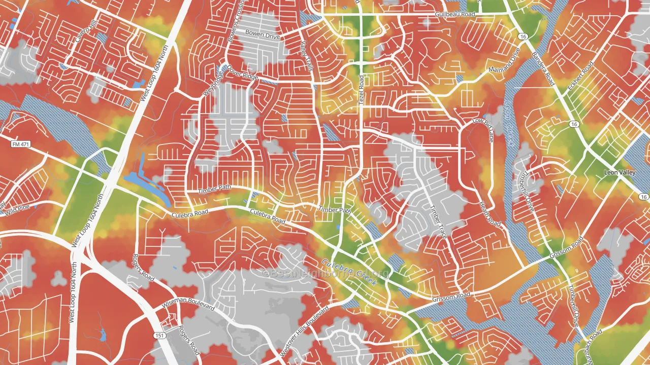 Walk Grade map of Great Northwest, San Antonio, TX, walkable areas in green and car-dependent areas in red