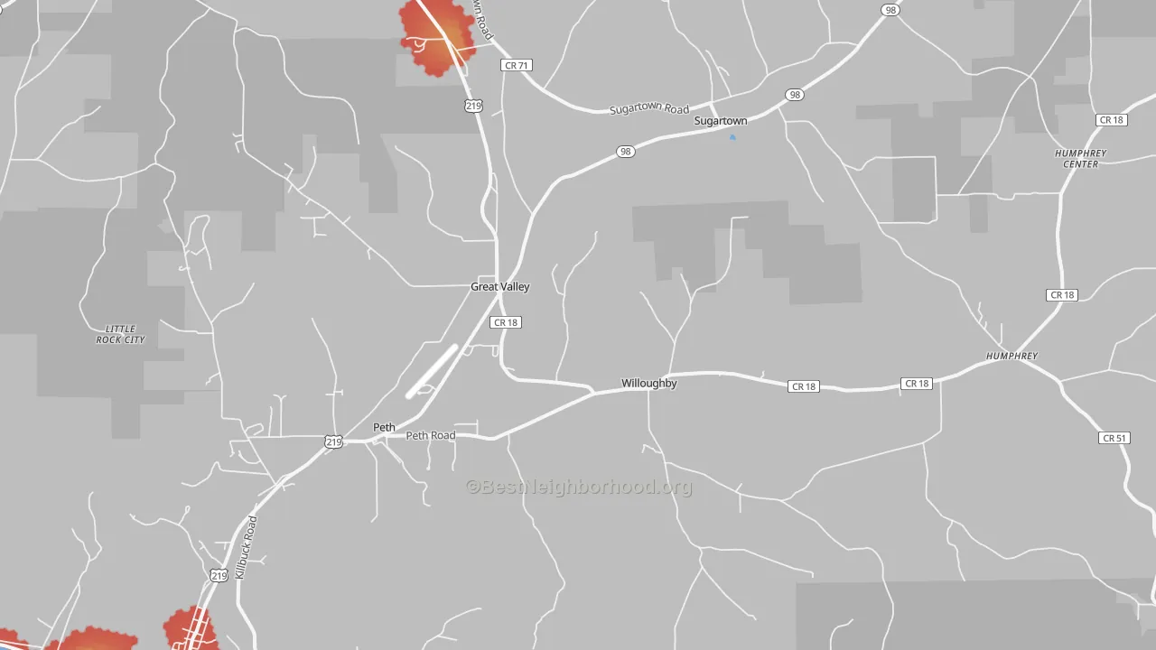 Walk Grade map of Great Valley, NY, walkable areas in green and car-dependent areas in red