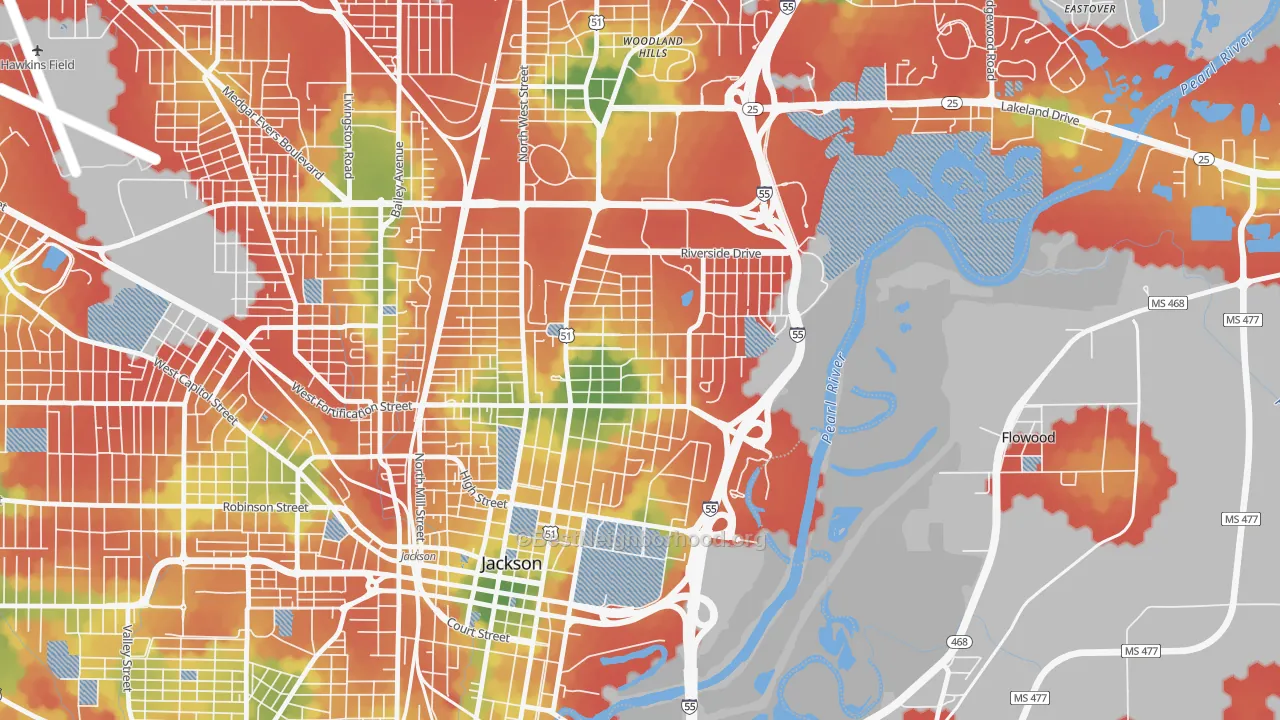Walk Grade map of Greater Belhaven, Jackson, MS, walkable areas in green and car-dependent areas in red