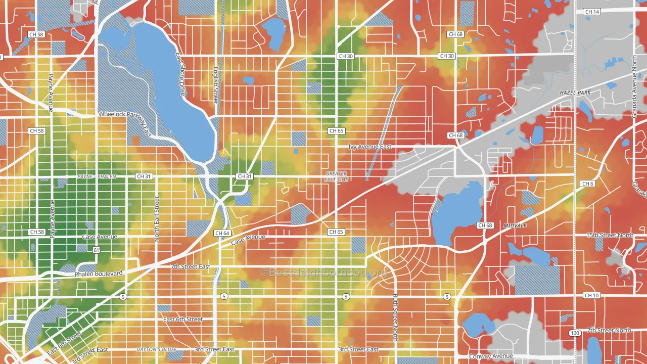 Walk Grade map of Greater Eastside, St. Paul, MN, walkable areas in green and car-dependent areas in red