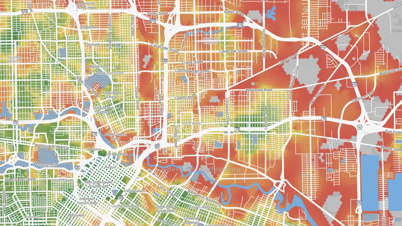 Walk Grade map of Greater Fifth Ward, Houston, TX, walkable areas in green and car-dependent areas in red