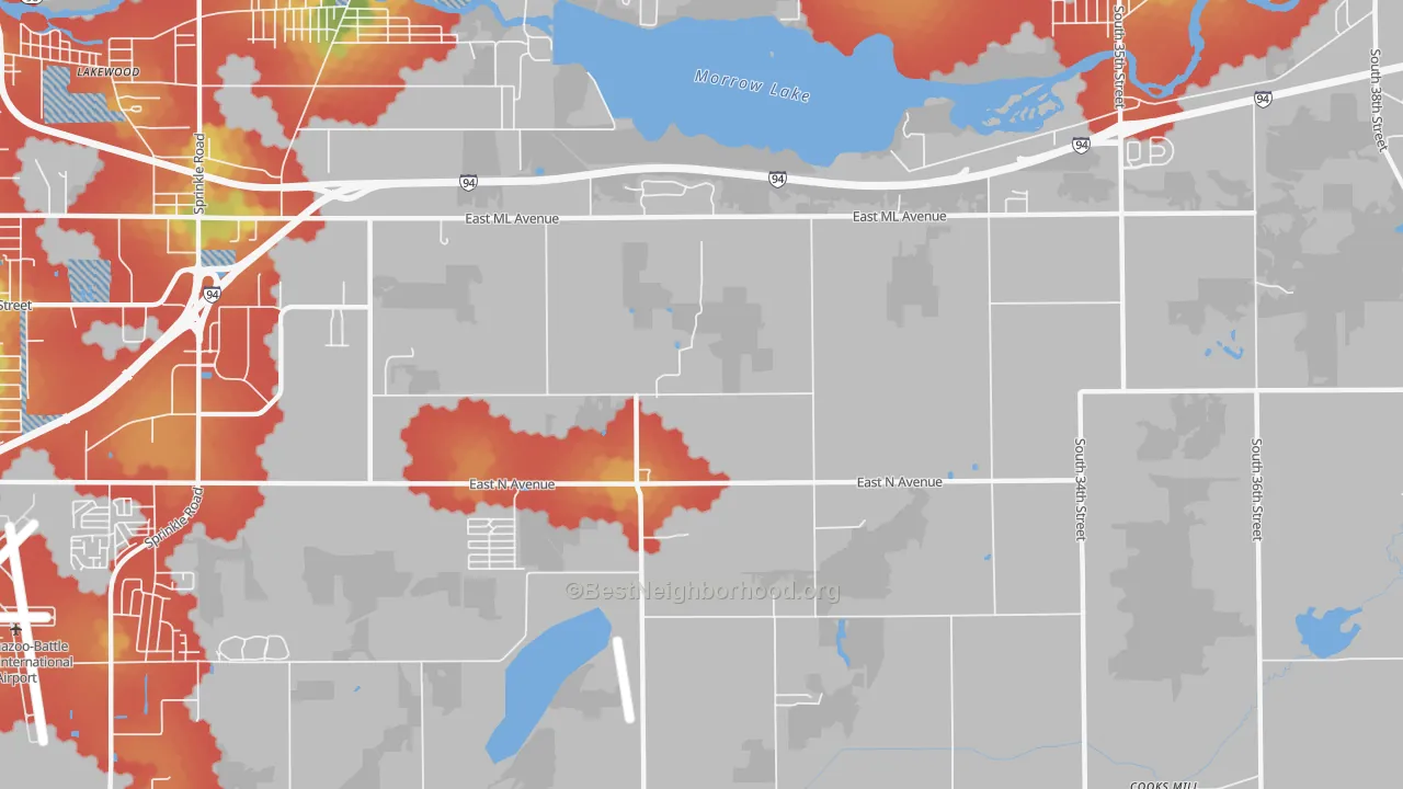 Walk Grade map of Greater Galesburg, MI, walkable areas in green and car-dependent areas in red