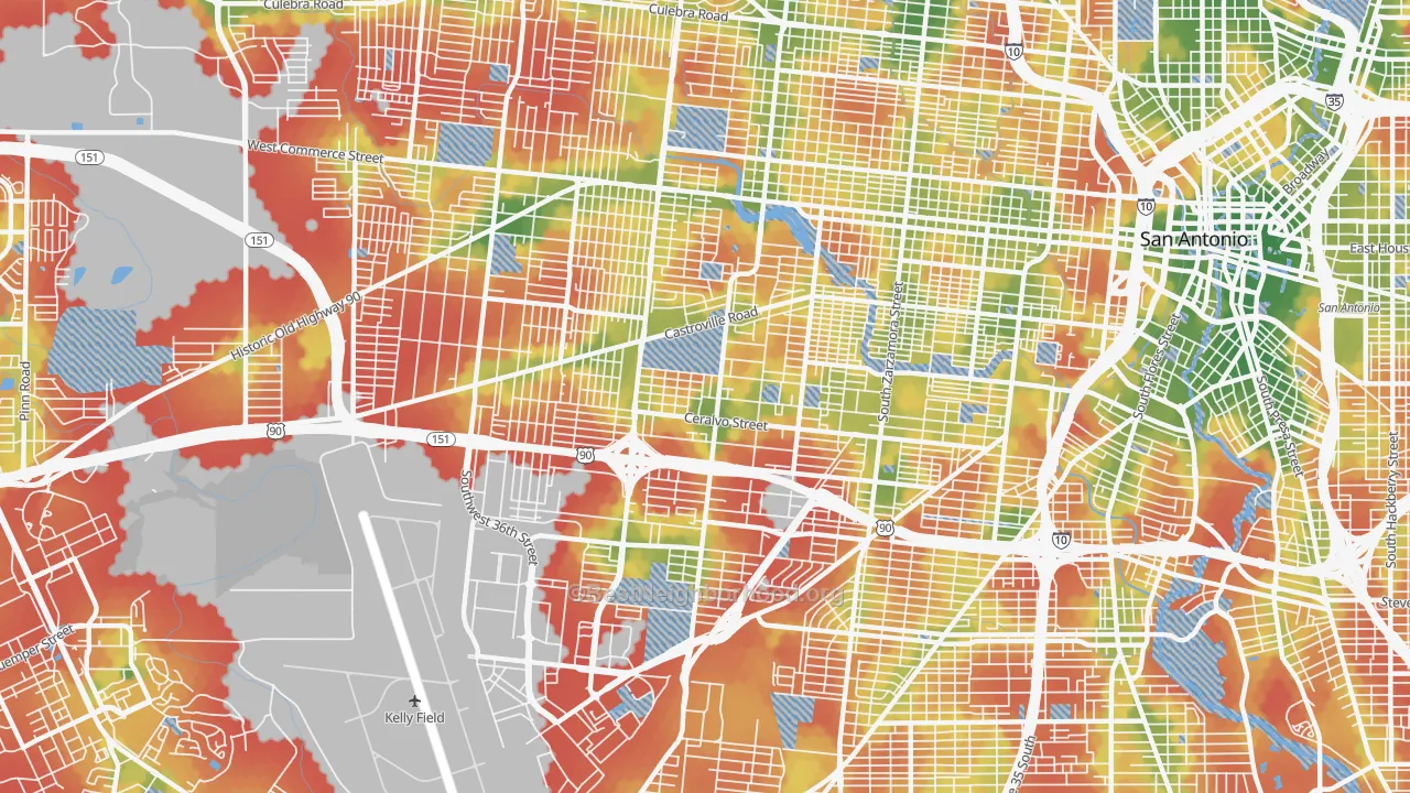 Walk Grade map of Greater Gardendale, San Antonio, TX, walkable areas in green and car-dependent areas in red