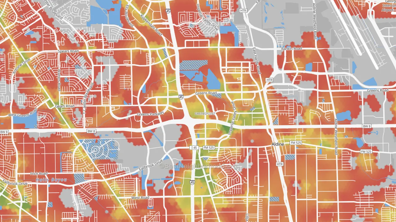 Walk Grade map of Greater Greenspoint, Houston, TX, walkable areas in green and car-dependent areas in red
