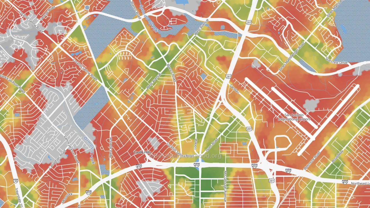 Walk Grade map of Greater Harmony Hills, San Antonio, TX, walkable areas in green and car-dependent areas in red