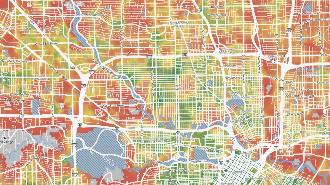 Walk Grade map of Greater Heights, Houston, TX, walkable areas in green and car-dependent areas in red