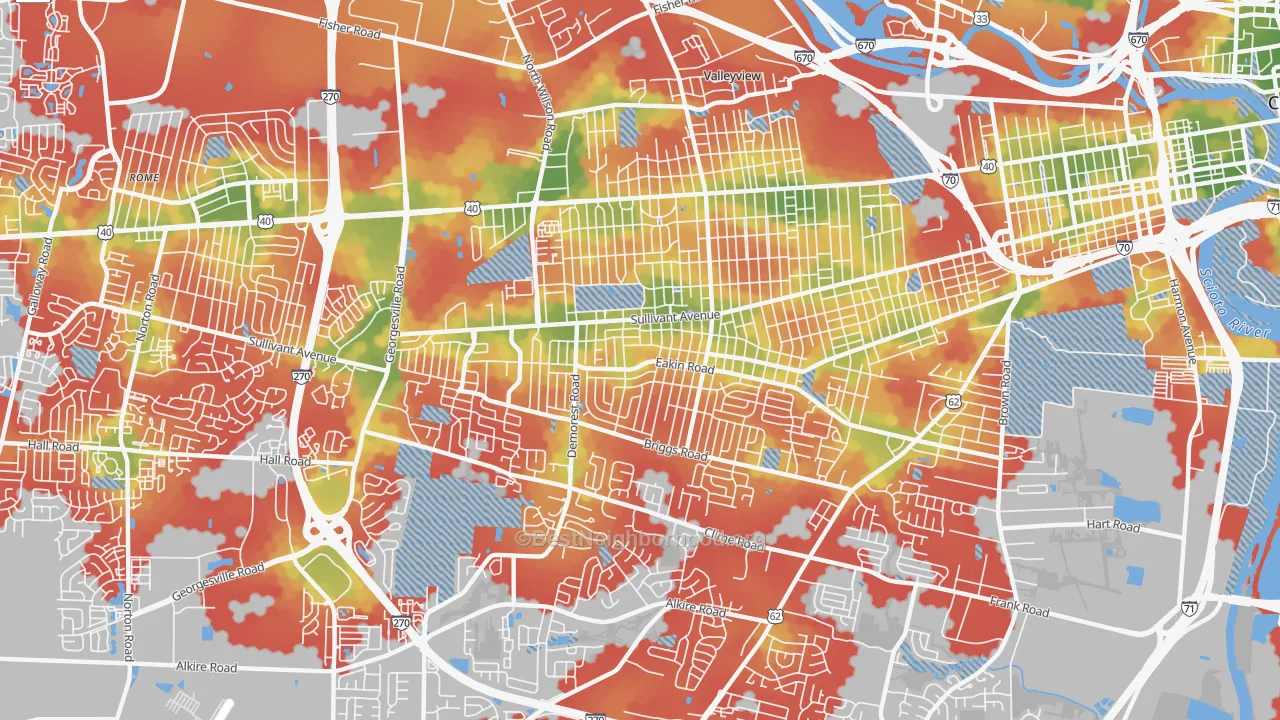 Walk Grade map of Greater Hilltop, Columbus, OH, walkable areas in green and car-dependent areas in red