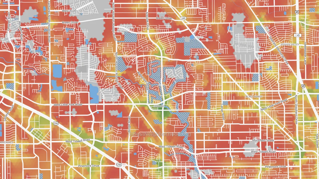 Walk Grade map of Greater Inwood, Houston, TX, walkable areas in green and car-dependent areas in red
