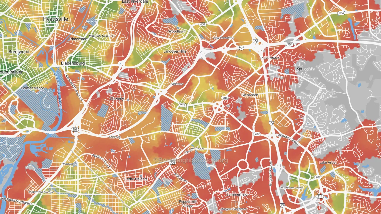 Walk Grade map of Greater Landover, Landover, MD, walkable areas in green and car-dependent areas in red