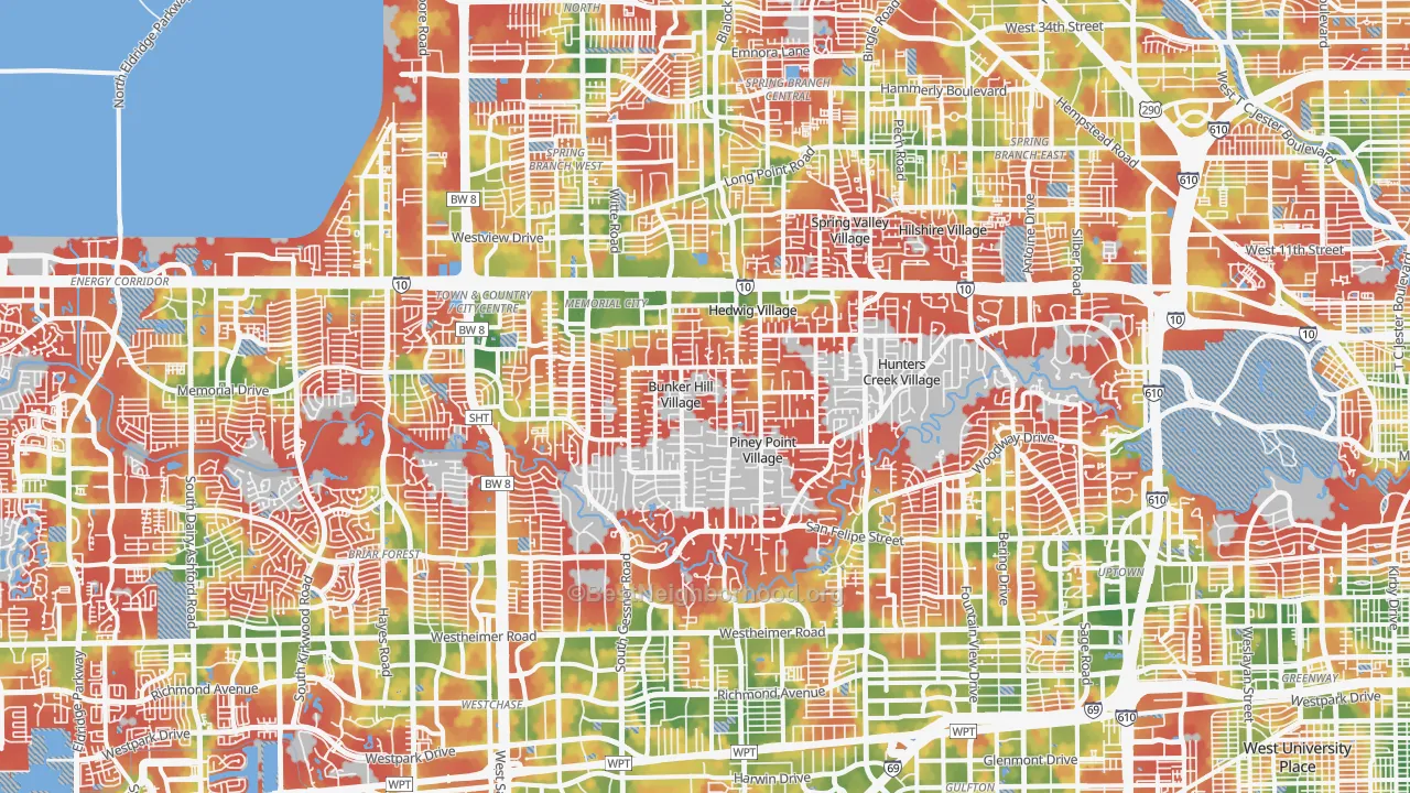 Walk Grade map of Greater Memorial, Houston, TX, walkable areas in green and car-dependent areas in red