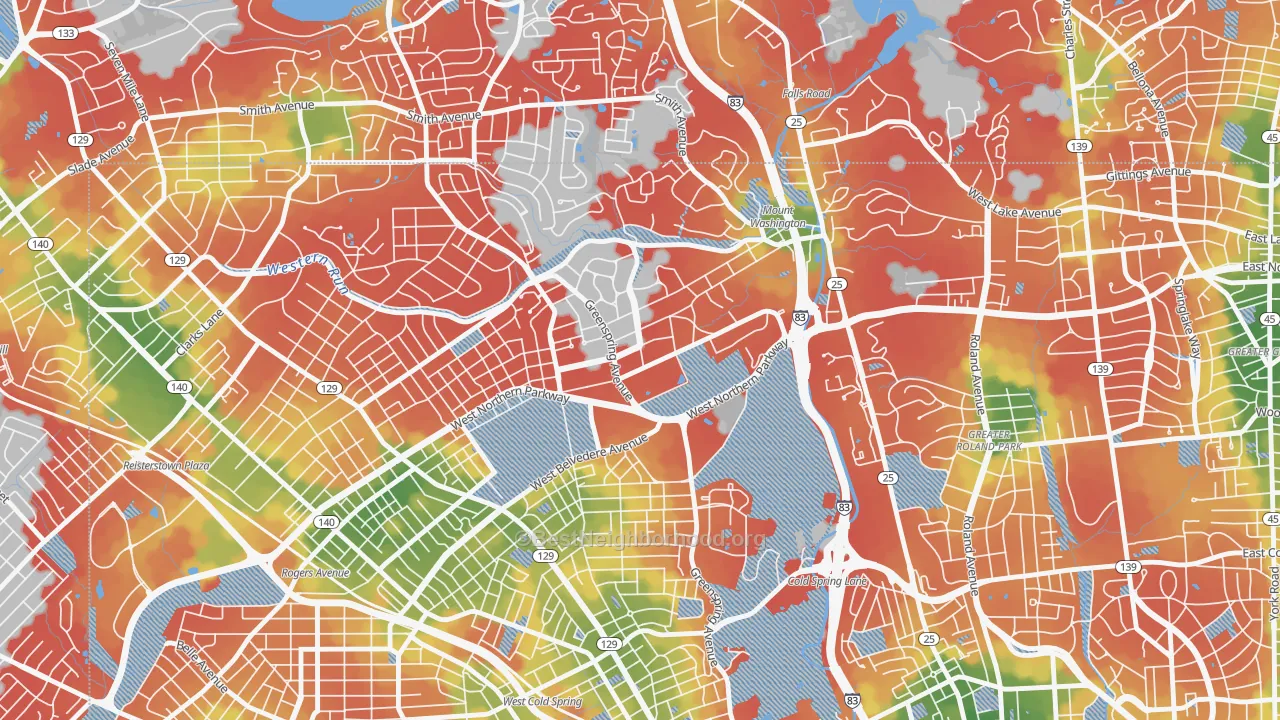 Walk Grade map of Greater Mount Washington, Baltimore, MD, walkable areas in green and car-dependent areas in red