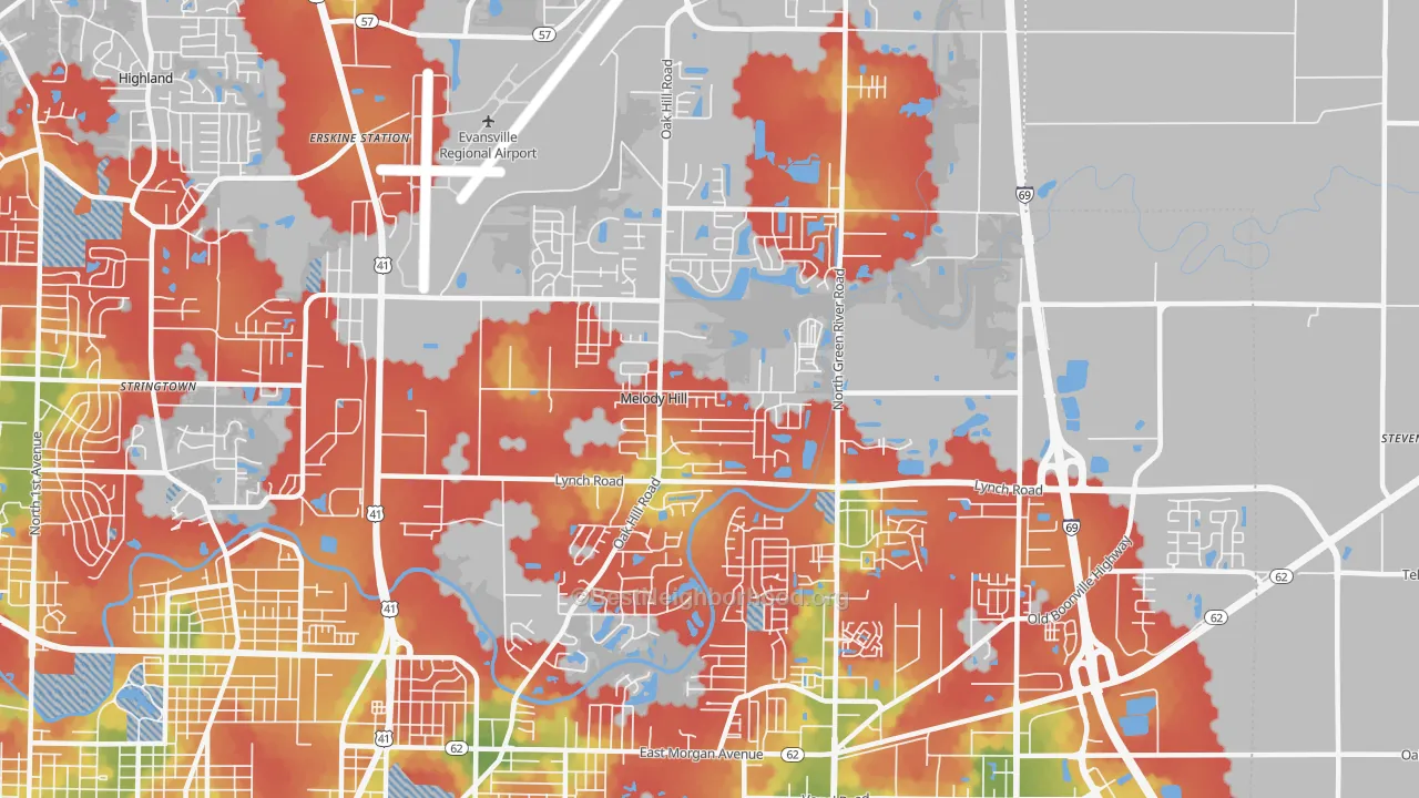 Walk Grade map of Greater Oakhill, Evansville, IN, walkable areas in green and car-dependent areas in red