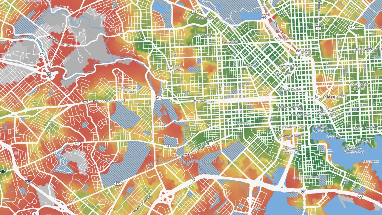 Walk Grade map of Greater Rosemont, Baltimore, MD, walkable areas in green and car-dependent areas in red