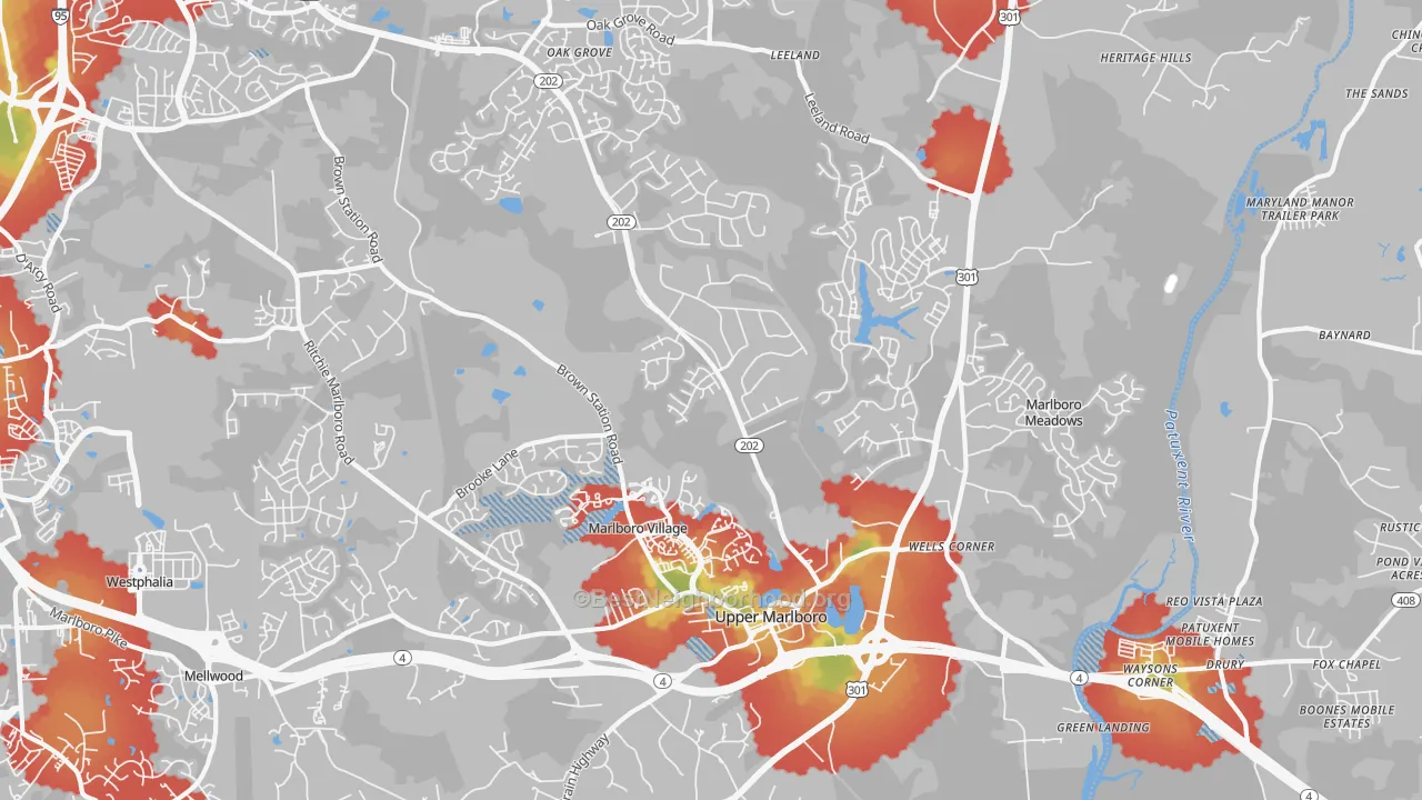 Walk Grade map of Greater Upper Marlboro, Brock Hall, MD, walkable areas in green and car-dependent areas in red