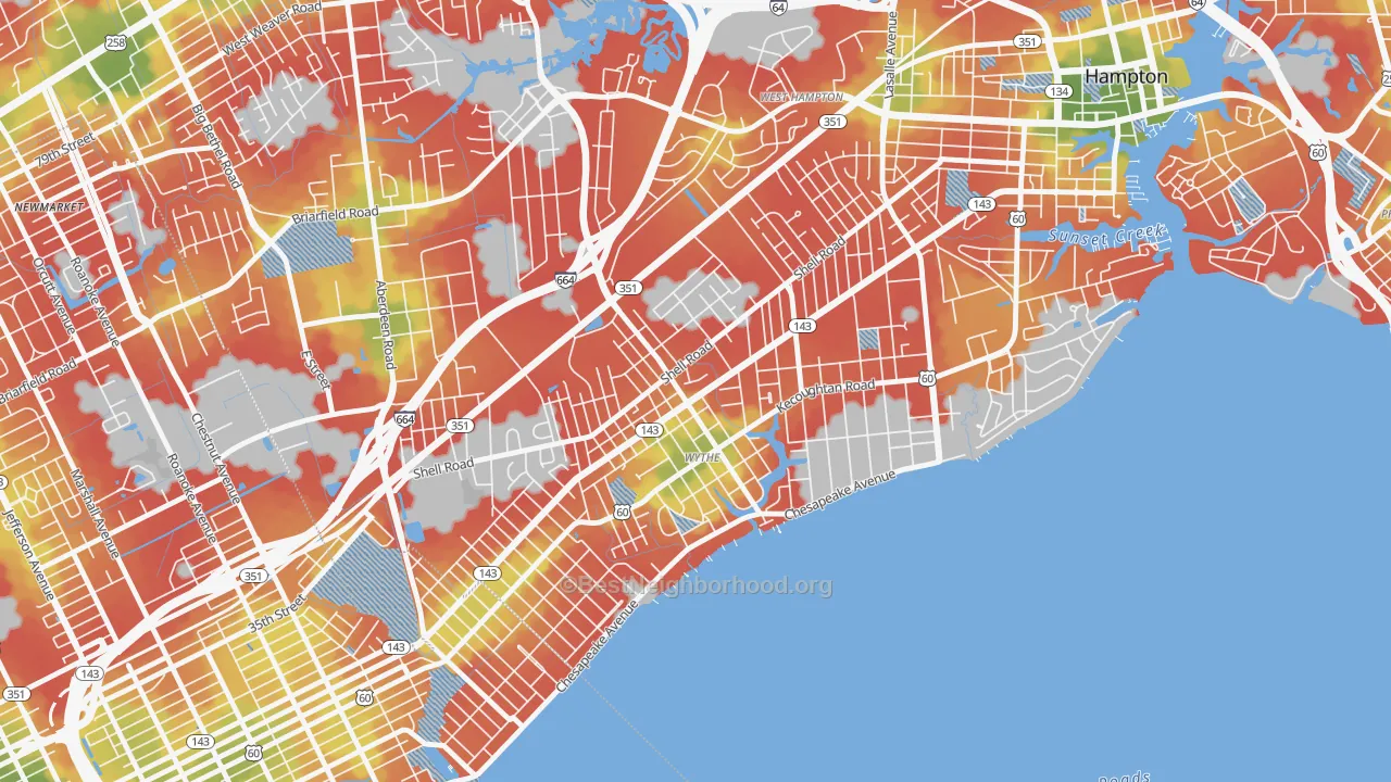 Walk Grade map of Greater Wythe, Hampton, VA, walkable areas in green and car-dependent areas in red