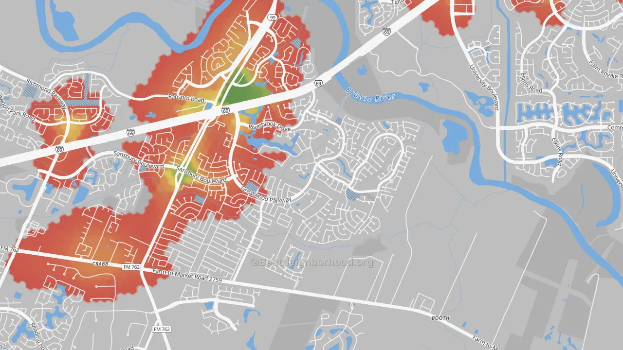 Walk Grade map of Greatwood, TX, walkable areas in green and car-dependent areas in red