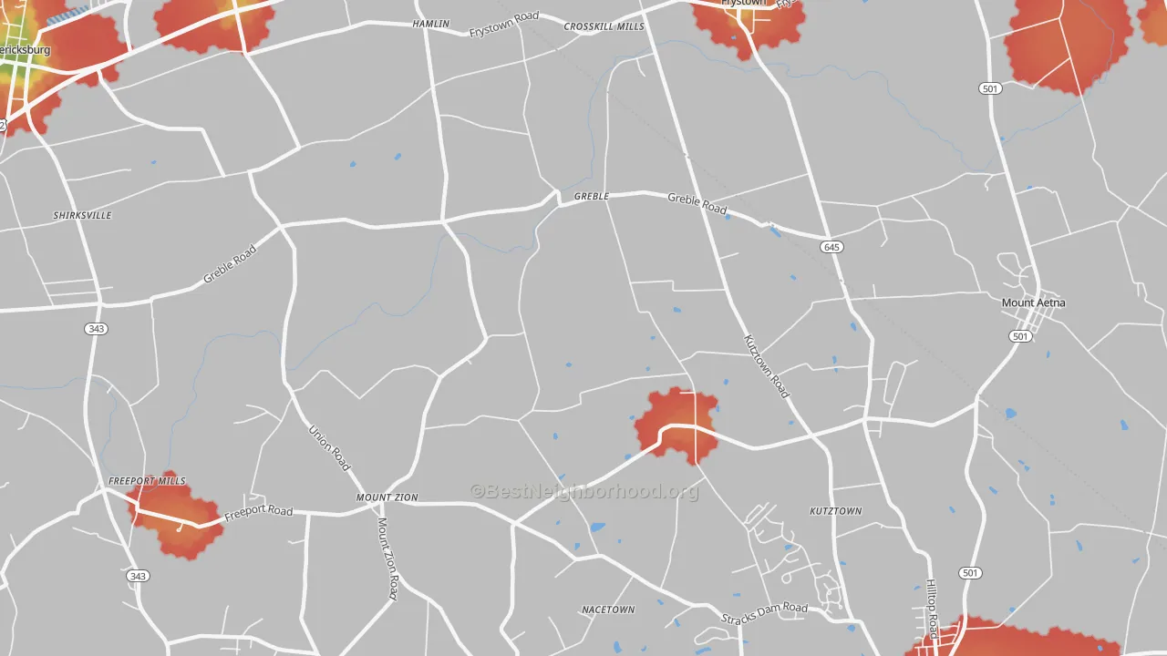 Walk Grade map of Greble, PA, walkable areas in green and car-dependent areas in red